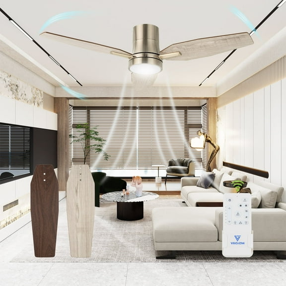Vagizm 42 Inch Flush Mount Ceiling Fan with Light - 3 Blades Modern Ceiling Fan for Living Room and Bedroom - Quiet DC Motor - Dimmable - Reversible Function - Light Wood Tone