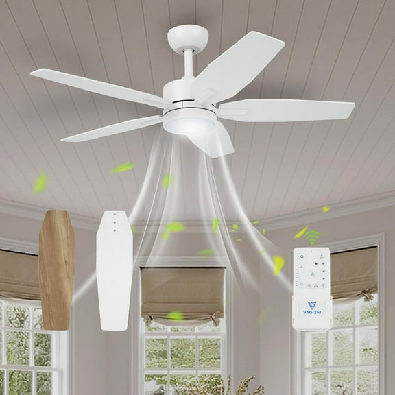 Vagizm 42 Inch Ceiling Fan with Light - 5 Blades Modern Ceiling Fan for Living Room and Bedroom - Quiet DC Motor - 3CCT - 6 Speeds - Dimmable - Reversible Function - White