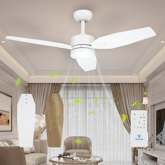 Vagizm 42 Inch Ceiling Fan with Light - 3 Blades Modern Ceiling Fan for Living Room and Bedroom - Quiet DC Motor - 3CCT - 6 Speeds - Dimmable - Reversible Function - White
