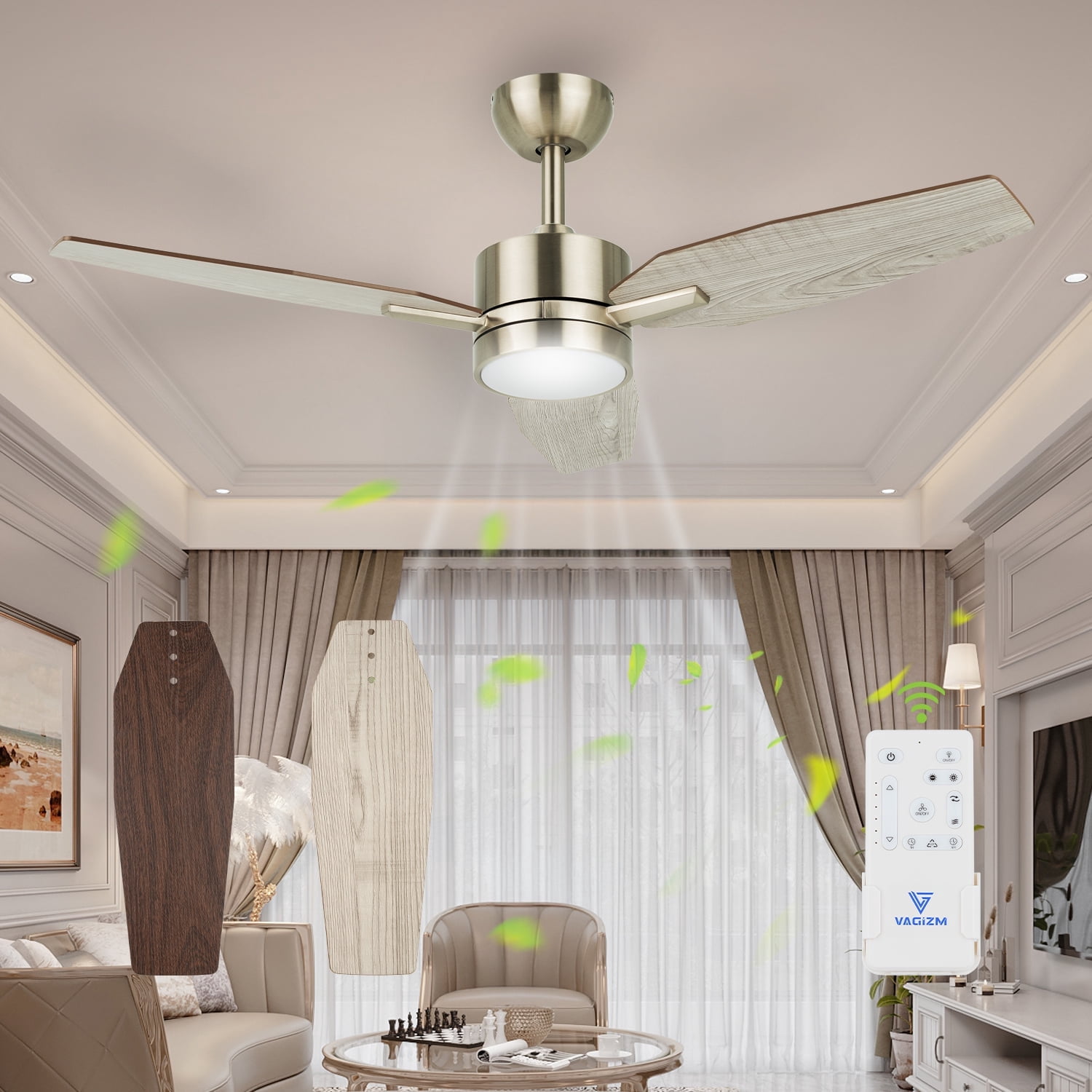 Vagizm 42 Inch Ceiling Fan with Light - 3 Blades Modern Ceiling Fan for Living Room and Bedroom - Quiet DC Motor - 3CCT - 6 Speeds - Dimmable - Reversible Function - Light Wood Tone