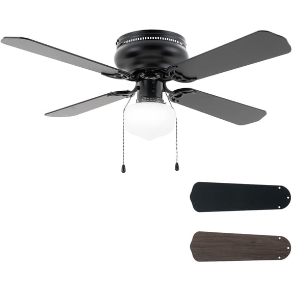 42 Inch Ceiling Fan Traditional: Flush Mount with LED Light - Pull Chain Control- Dual Finish Blades - Reversible for Bedroom, Office, Living Room(Matte Black)