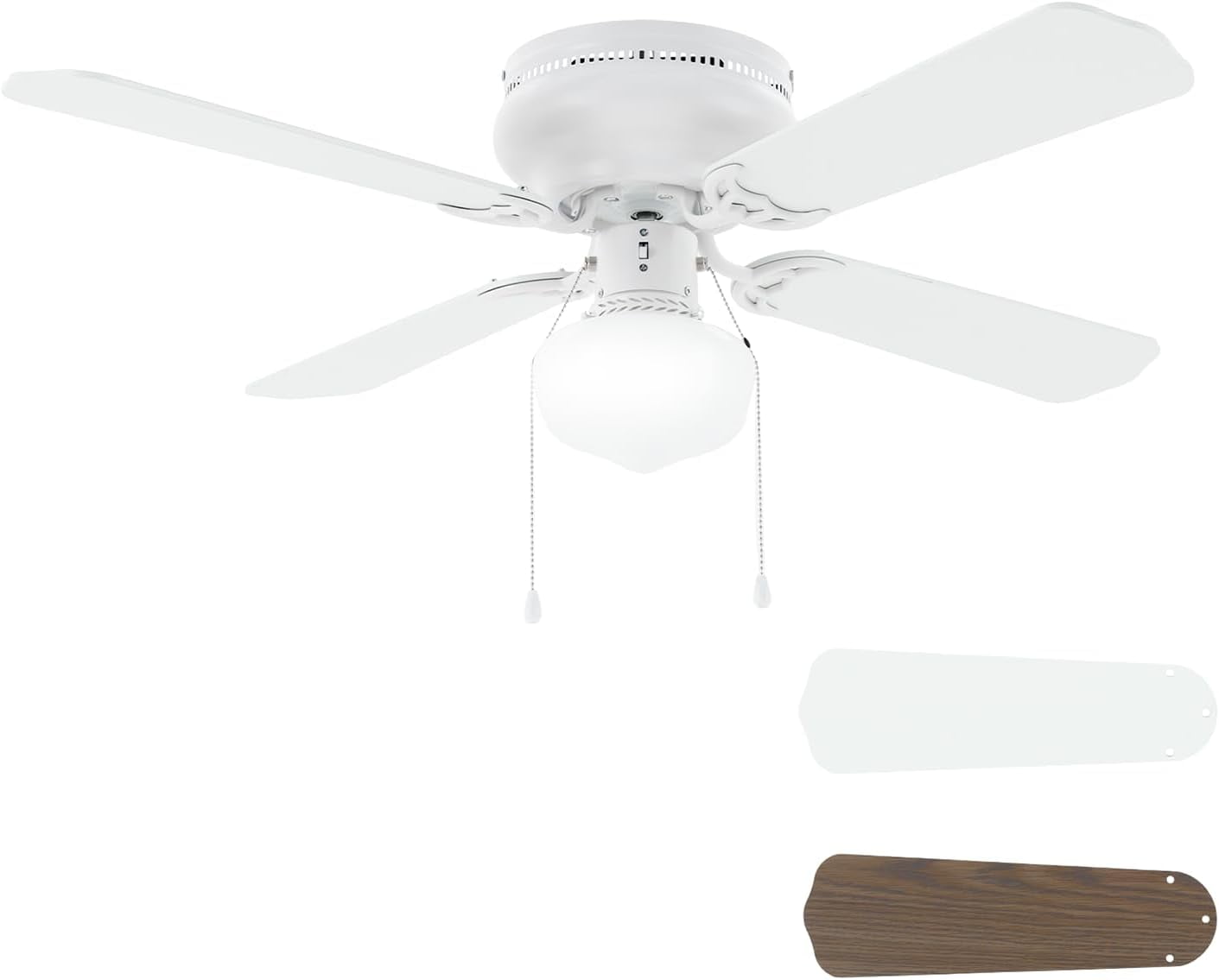 42" Flush Mount Ceiling Fan Matte White Traditional Ceiling Fan with Light & Pull Chain - Low Profile Design - Indoor or Cover Outdoor Use