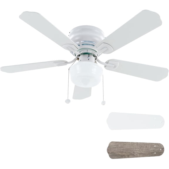 42" Flush Mount Ceiling Fan Matte White Traditional Ceiling Fan with Light & Pull Chain - Low Profile Design - Indoor Use