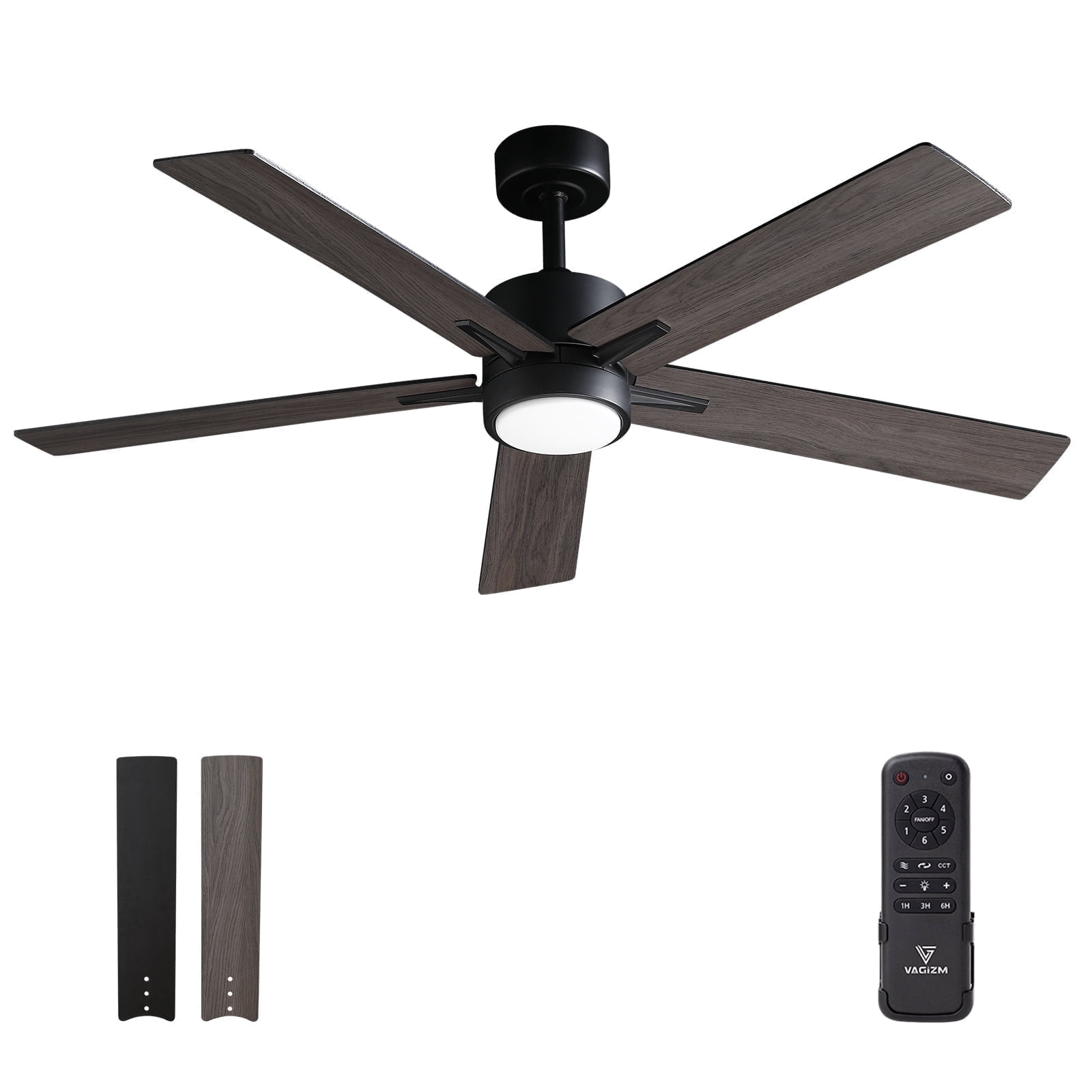 52-Inch Black and Walnut Modern Ceiling Fan with LED Light and Remote