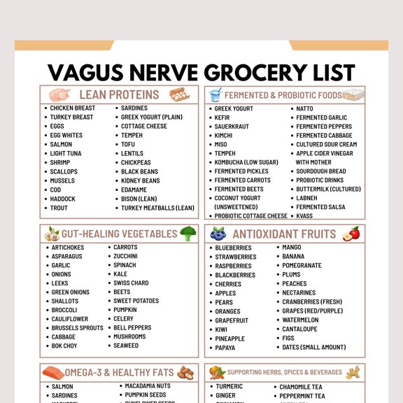 Vagus Nerve Grocery List Poster Vagus Nerve Activation Food Poster Gut Brain Axis Diet Parasympathetic Nervous System Support Poster Vagus Nerve Diet Poster