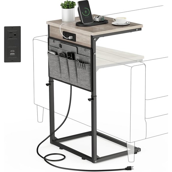 C Shaped End Table with Charging Station, 33"Tall Couch Side Table , Adjustable Height Small Couch Side Table for Small Spaces, Slide Under Sofa Table TV Tray with Metal Frame for Living Room