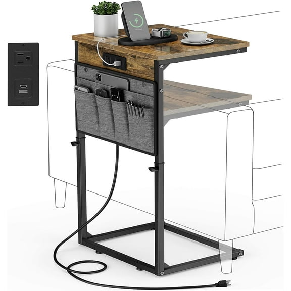 Shaped End Table with Charging Station, 33" Tall Side Table for Couch, Sofa Table Adjustable Height Small Couch Side C Table, Slide Under Sofa Tray Arm Table for Living Room, Bedroom, Brown
