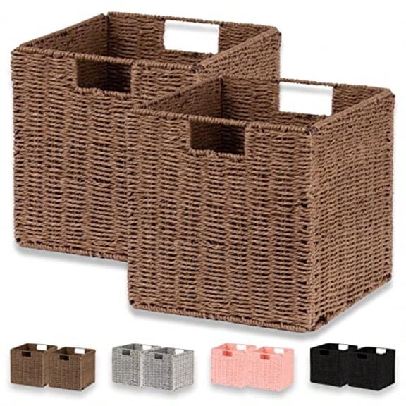 Vagusicc Wicker Basket Set of 2 HandWoven Paper Rope Storage Baskets for Organizing Foldable Cubby Storage Bins 11 Inch Large Wicker Storage Basket Square Baskets Cube Storage Organizer Brown