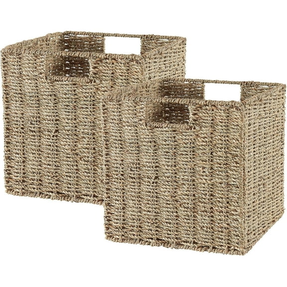 Vagusicc Wicker Storage Basket, Set of 2 Seagrass Storage Baskets, Foldable Wicker Basket 9 Inch Square Cube Storage Bins Storage Baskets for Organizing Shelf Baskets, 9''x9''x9''