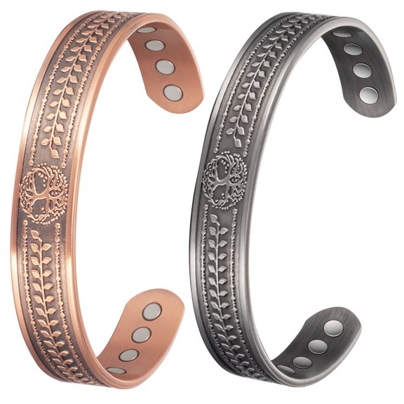 Vagzen 7'' Pure Copper Bracelets Set for Women Men, Tree of Life, Antique Silver