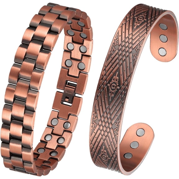 Vagzen 99.9% Pure Copper Magnetic Bracelet Bangles for Men, 8.85 inches+7.3 inches, Set of 2