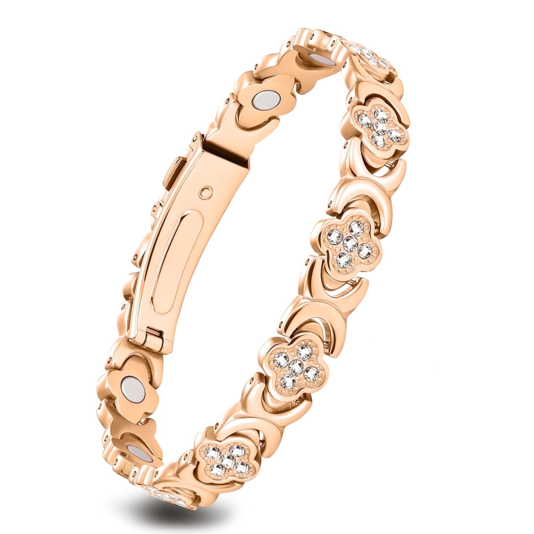 WOLLET Crystal Stainless Steel Magnetic Bracelets for Women, Four Leaf Clover Bracelet, Magnetic Jewelry Rose Gold