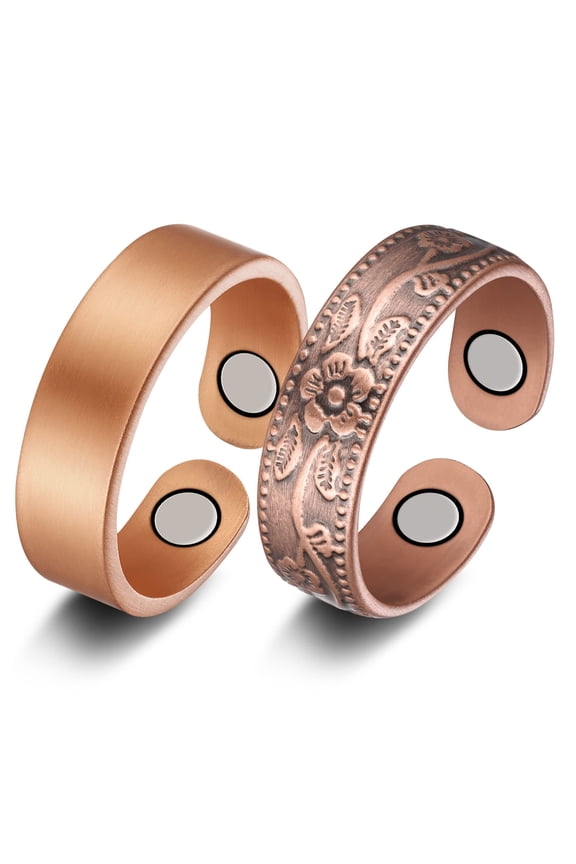 Floral Copper Magnetic Rings for Women, Adjustable Cuff Rings, Set of 2