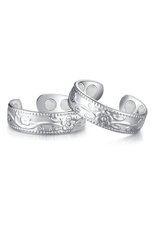 Vagzen Floral Silver Copper Magnetic Rings for Women, Adjustable Finger Thumb Rings, Set of 2