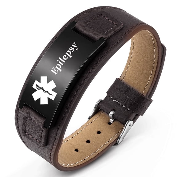 Vagzen Leather Medical Alert ID Bracelet for Men, Epilepsy , Adjustable 8.27-10inches
