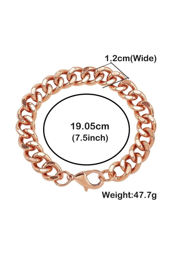 Vagzen Rose Gold Pure Copper Punk Cuban Wristband Bracelet for Men, Retro Rope Chain, 7.5 IN