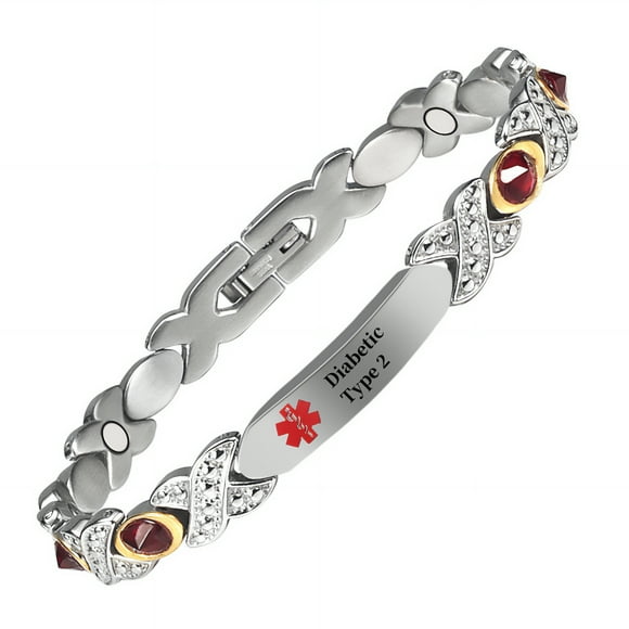 Wollet Stainless Steel Medical Alert ID Bracelets for WoMen, Engraved Diabetic Type 2
