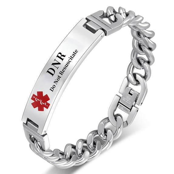 Vagzen Stainless steel Medical Alert ID Bracelet for Men, Engraved DNR(Do Not Resuscitate), Silver