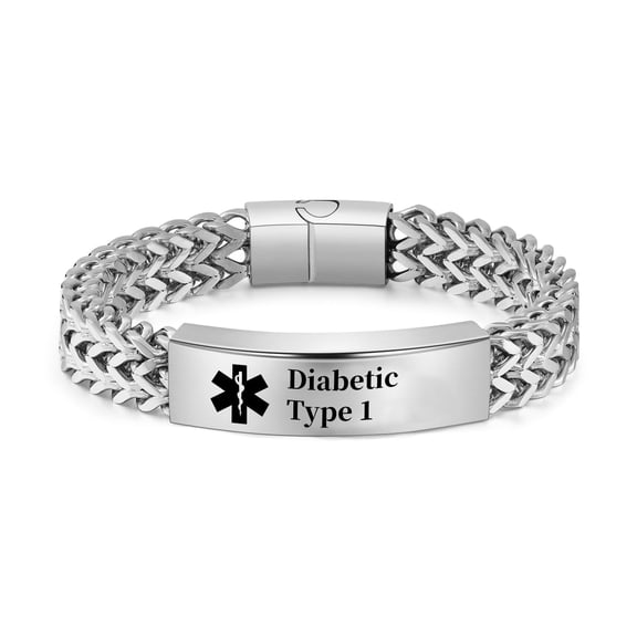 Vagzen Stainless steel Medical Alert ID Bracelet for Men, Engraved Diabetic Type 1, Silver