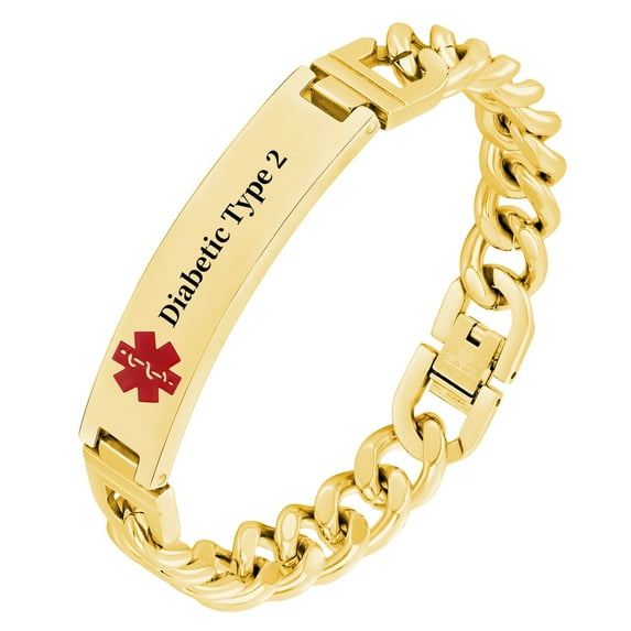 Vagzen Stainless steel Medical Alert ID Bracelet for Men, Engraved Diabetic Type 2, Gold