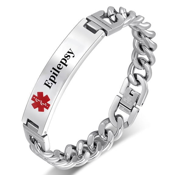 Vagzen Stainless steel Medical Alert ID Bracelet for Men, Engraved Epilepsy, Silver