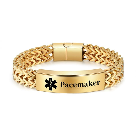Vagzen Stainless steel Medical Alert ID Bracelet for Men, Engraved Pacemaker, Gold