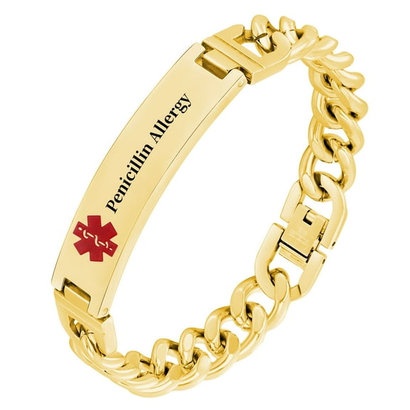 Vagzen Stainless steel Medical Alert ID Bracelet for Men, Engraved Penicillin Allergy, Gold, 8.46 In
