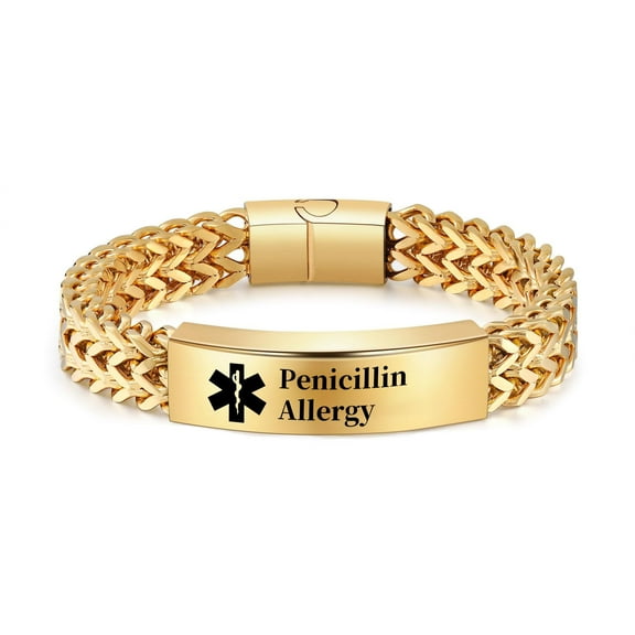 Vagzen Stainless steel Medical Alert ID Bracelet for Men, Engraved Penicillin Allergy,Gold