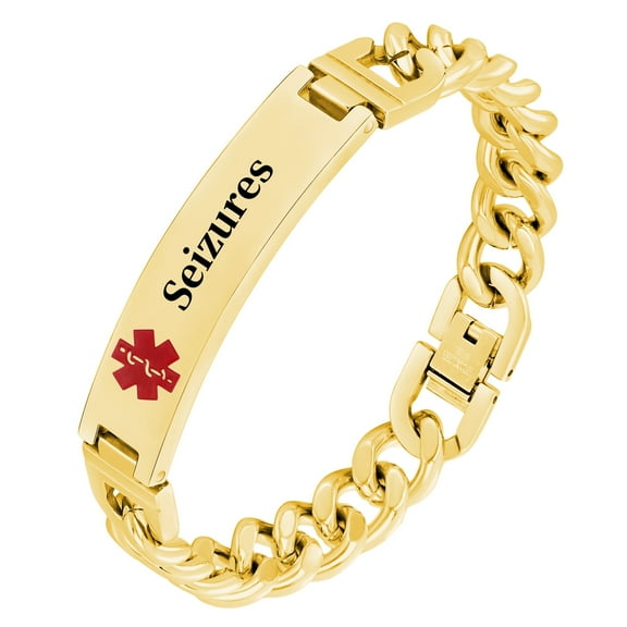 Vagzen Stainless steel Medical Alert ID Bracelet for Men, Engraved Seizures, Gold, 8.46 In