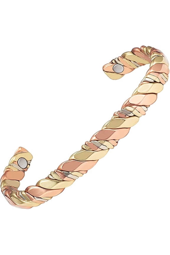 Tri Colored Gold Copper Bracelets for Women, 6.5 inches, Cuff Bangles, Hand Knitted