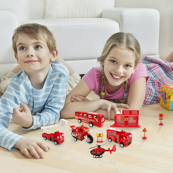 Vaidha Fire Engine Toy Set for Kids Ages 3+, Includes Fire Truck with Extendable Ladder, Rotating Workbench, Motorcycle, Helicopter & Road Signs - 48x28x5cm