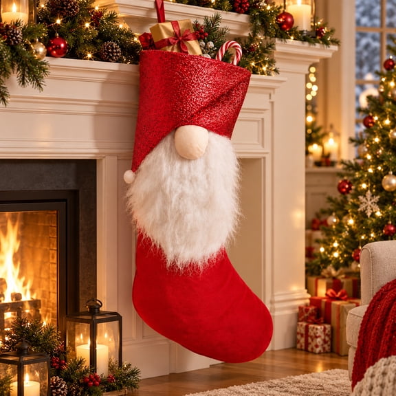 Vaidhai Giant Christmas Gnome Stocking, Red Gnome Stocking, Oversized Fabric Gift Sack with Beard, Nose and Hanging Loop, Fireplace, Wall and Holiday Gift Display, 41.34 in high