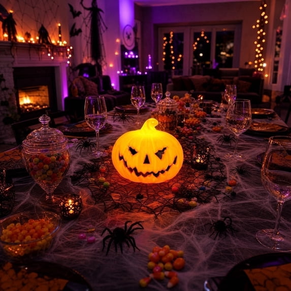 Halloween Pumpkin Dedorations Indoor Outdoor, Mini Pumpkin Night Light, Weather Resistant Small Pumpkin Figurine for Desk Shelf Halloween Party Indoor Home Decorations 4.72*3.94in 1pack