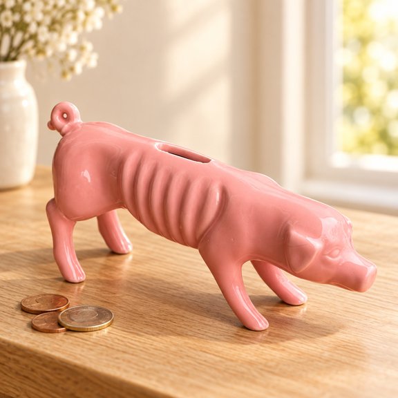 Vaidhai Skinny Pig Coin Bank, Pink Ceramic Money Box with Slim Ribbed Body, Funny Animal Tabletop Figurine and Decorative Savings Jar for Desk, Shelf and Home Display