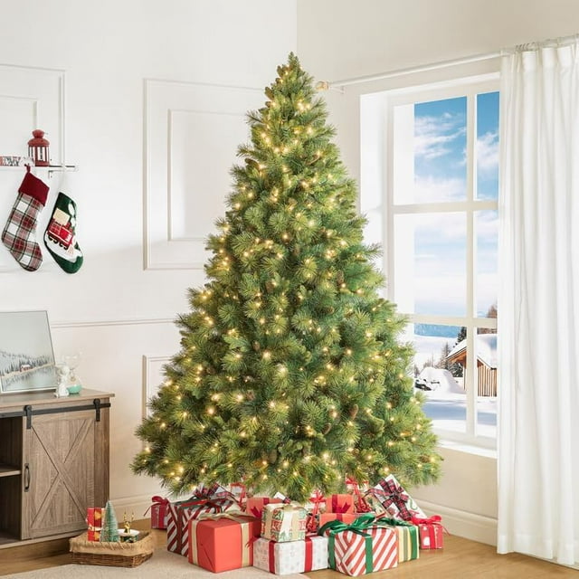 Vail 7.5ft Prelit Artificial Christmas Tree with Pine Cones, Foot Pedal ...