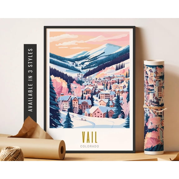 Vail Colorado Art Print Travel Destination City Vail Landscape Wall Art Colorado City Travel Art Wall Decor, Unframed Canvas Size 8x12