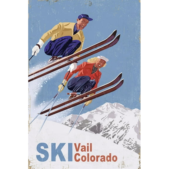 Art.com Vail, Colorado - Vintage Skiers Art Print by Lantern Press, 24" x 36"