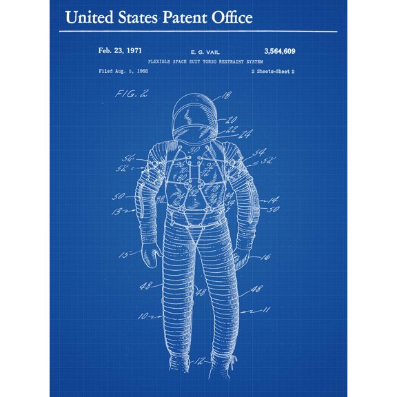 Vail Space Suit Torso Restraint System 1971 Back Patent Extra Large XL Wall Art Poster Print