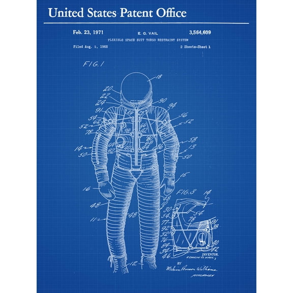 Vail Space Suit Torso Restraint System 1971 Front Patent Extra Large XL Wall Art Poster Print