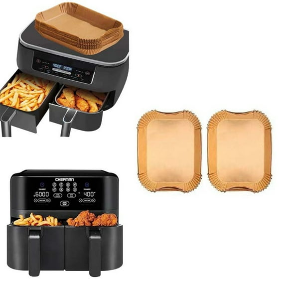Vailnd Air Fryer Paper Liners Disposable: 50Pcs 8x6x2in Rectangle Parchment Paper Sheets, Non-stick Food Grade Baking Liners for Rectangular Air Fryer Dual Basket Oilproof Waterproof