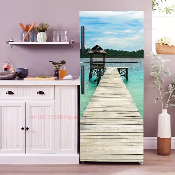 Vaion Parasol Printed Fridge Door Wrap Mural Cover Kitchen Waterproof PVC Refrigerator Door Beach Chair Wallpaper
