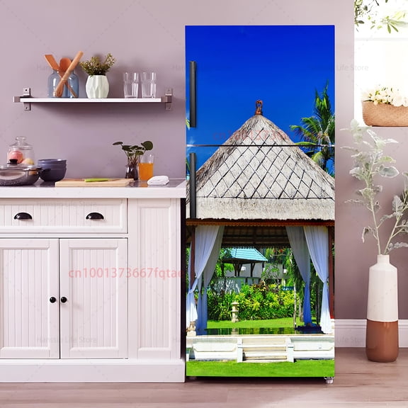 Vaion Parasol Printed Fridge Door Wrap Mural Cover Kitchen Waterproof PVC Refrigerator Door Beach Chair Wallpaper