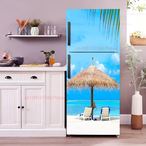 Vaion Parasol Printed Fridge Door Wrap Mural Cover Kitchen Waterproof PVC Refrigerator Door Beach Chair Wallpaper