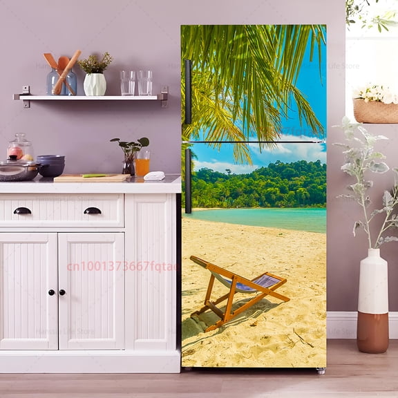 Vaion Parasol Printed Fridge Door Wrap Mural Cover Kitchen Waterproof PVC Refrigerator Door Beach Chair Wallpaper