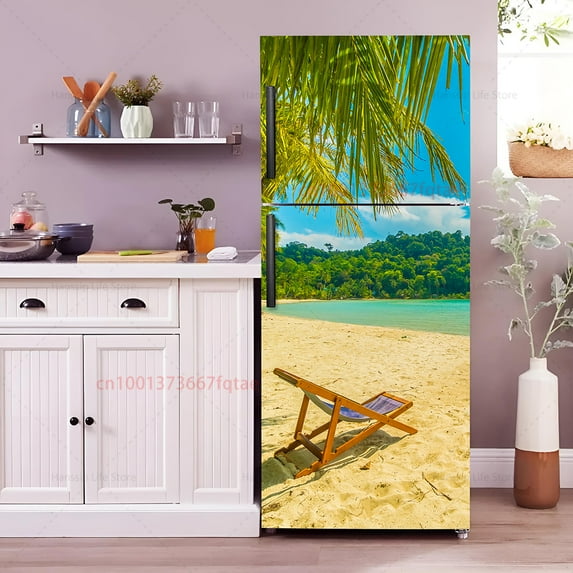 Vaion Parasol Printed Fridge Door Wrap Mural Cover Kitchen Waterproof PVC Refrigerator Door Beach Chair Wallpaper