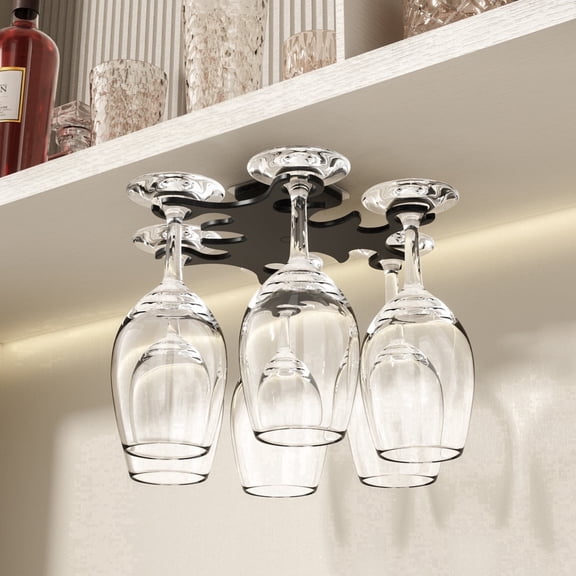 Vaisoeny Wine Glass Holder Under Cabinet, 360° Infinitely Rotating Wine Glass Holder, No Drilling Wine Glass Rack for Kitchen, Dining and Bar.(Black)