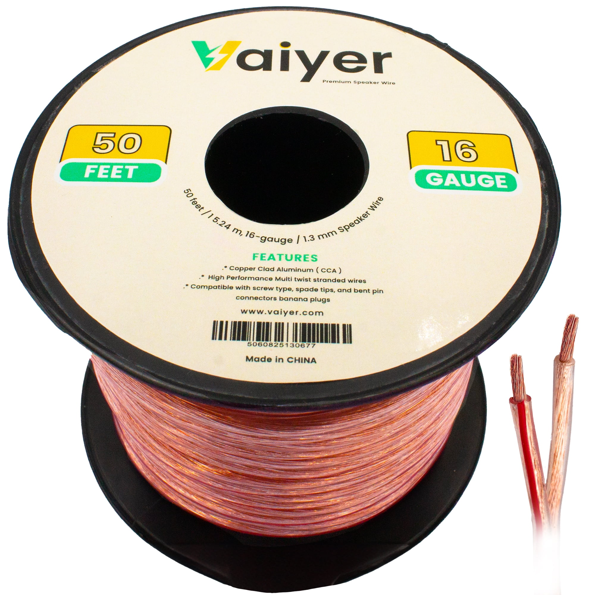 Vaiyer 16 Gauge Speaker Wire Cable - 50 ft 15.24 Meter 1.3 mm CCA High-Performance Stereo Speaker Cable for Car Speakers, Home Theater Speakers, Surround Sound, Radio