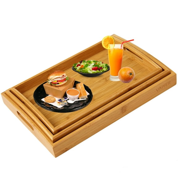 Vaiyer 3 Piece Bamboo Serving Tray Set with Handles Nesting Trays for Home Use