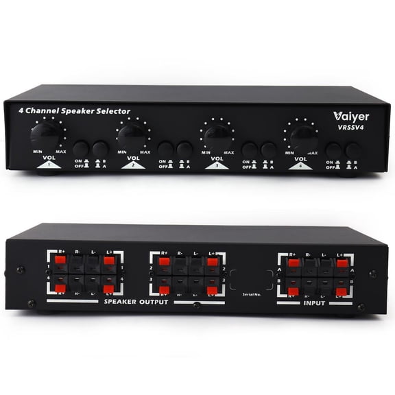Vaiyer 4-Channel Speaker Selector with Volume Control, 600W Max Dual-Source Audio Distribution with Impedance Protection