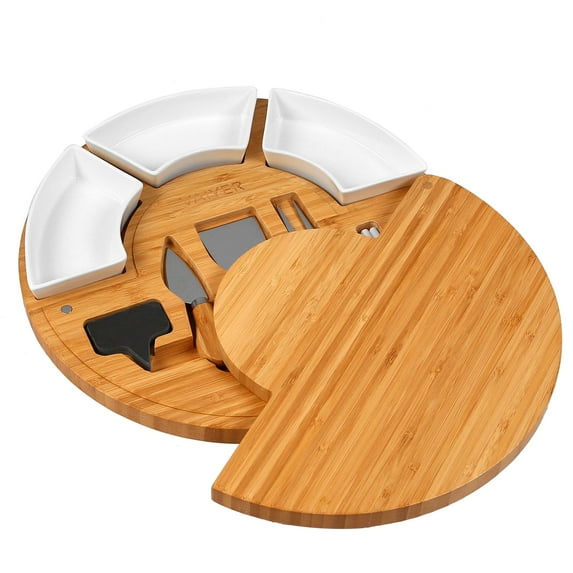 Vaiyer Bamboo Charcuterie Cheese Board Set with Slide Out Board, Knives, Ceramic Bowls, Slate Labels, Chalk Marker